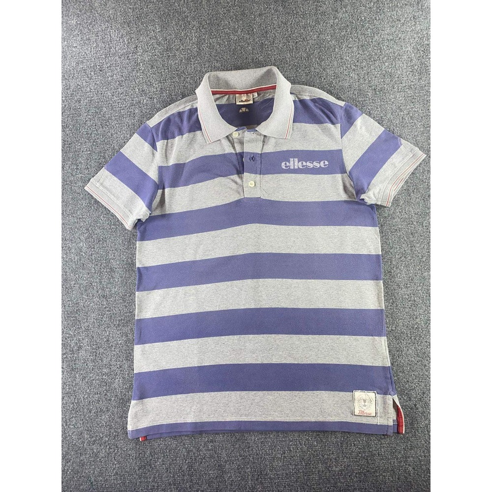 Ellesse Mens Striped Polo Shirt Large Purple Grey Short Sleeve Heritage Logo